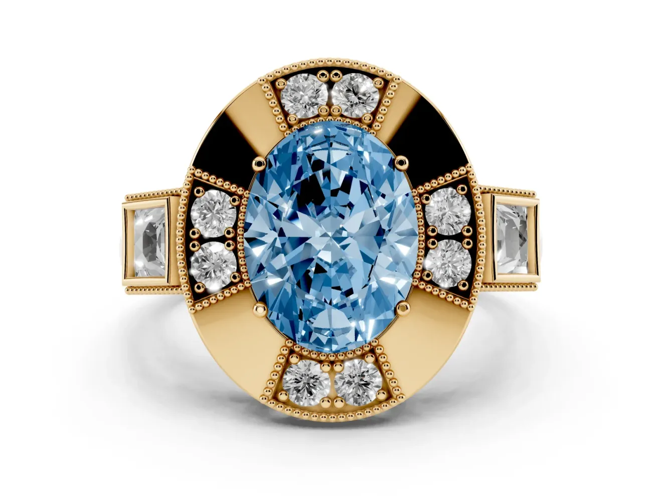 Oval Milgrain Sectioned Halo Engagement Ring Setting for a Fancy Blue Lab-Grown Diamond | Yellow Gold