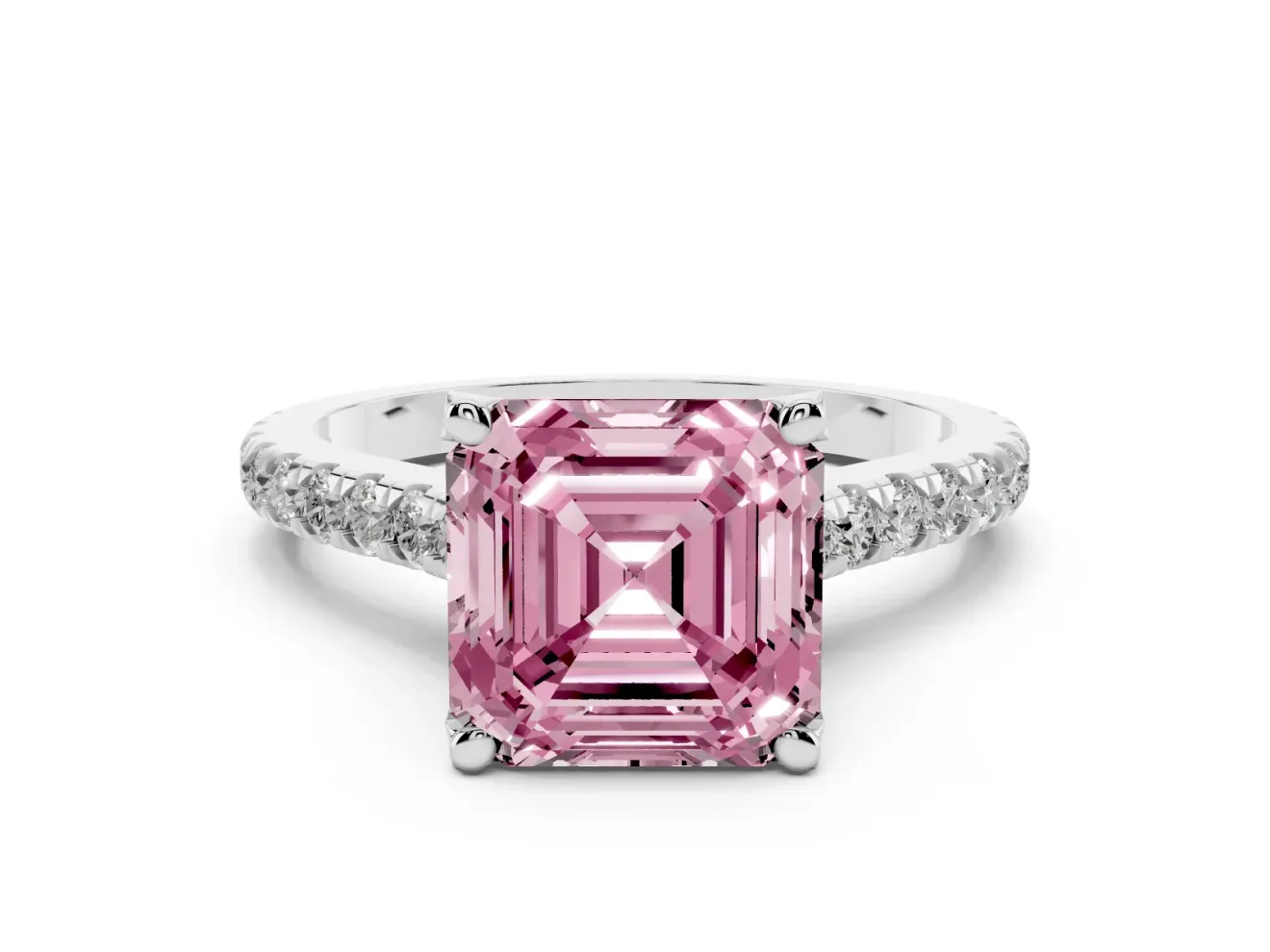 Asscher Cut Hidden Halo Pave Engagement Ring Setting for a Fancy Pink Lab-Grown Diamond | Claw Prongs | Sterling Silver
