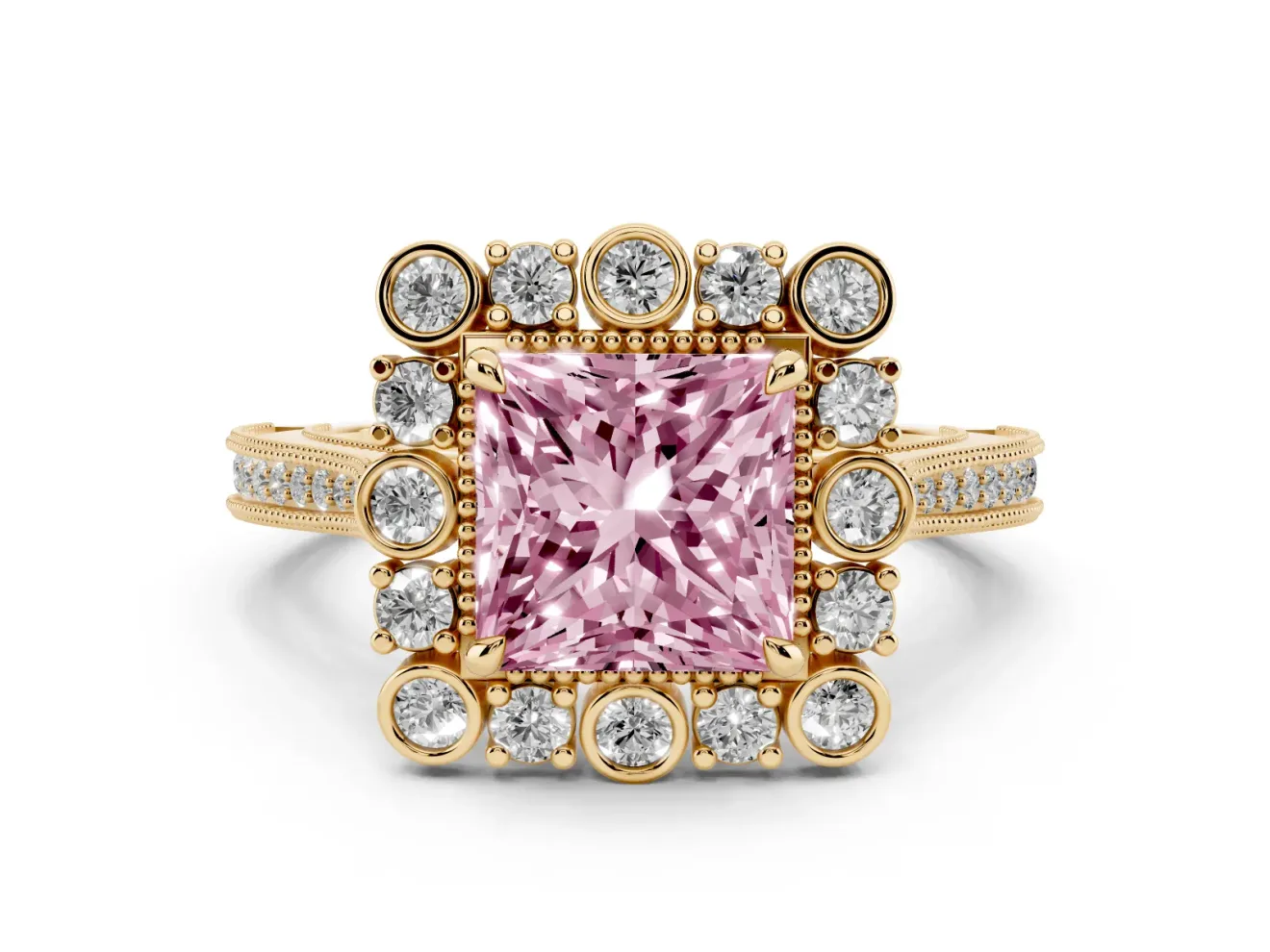 Princess Cut Scalloped Halo Engagement Ring Setting for a Fancy Pink Lab-Grown Diamond | Milgrain Edges | Yellow Gold