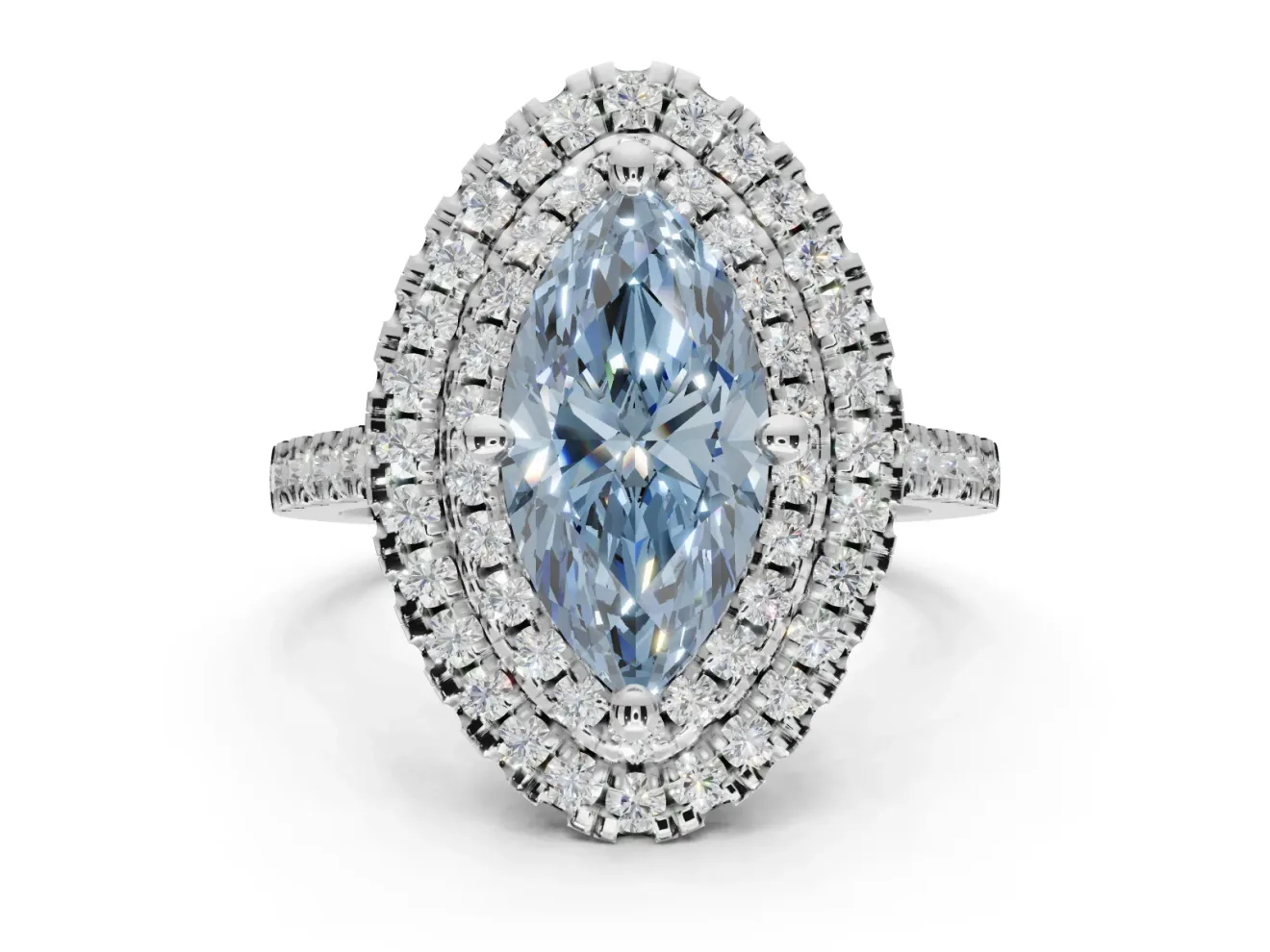 Fancy Blue Marquise Lab-Grown Diamond Double Halo Statement Ring Set in White Gold with Pavé Band