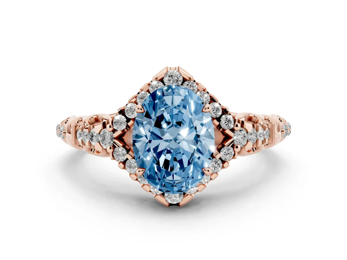 Oval Hidden Halo Filigree Engagement Ring Setting for a Fancy Blue Lab-Grown Diamond | Rose Gold