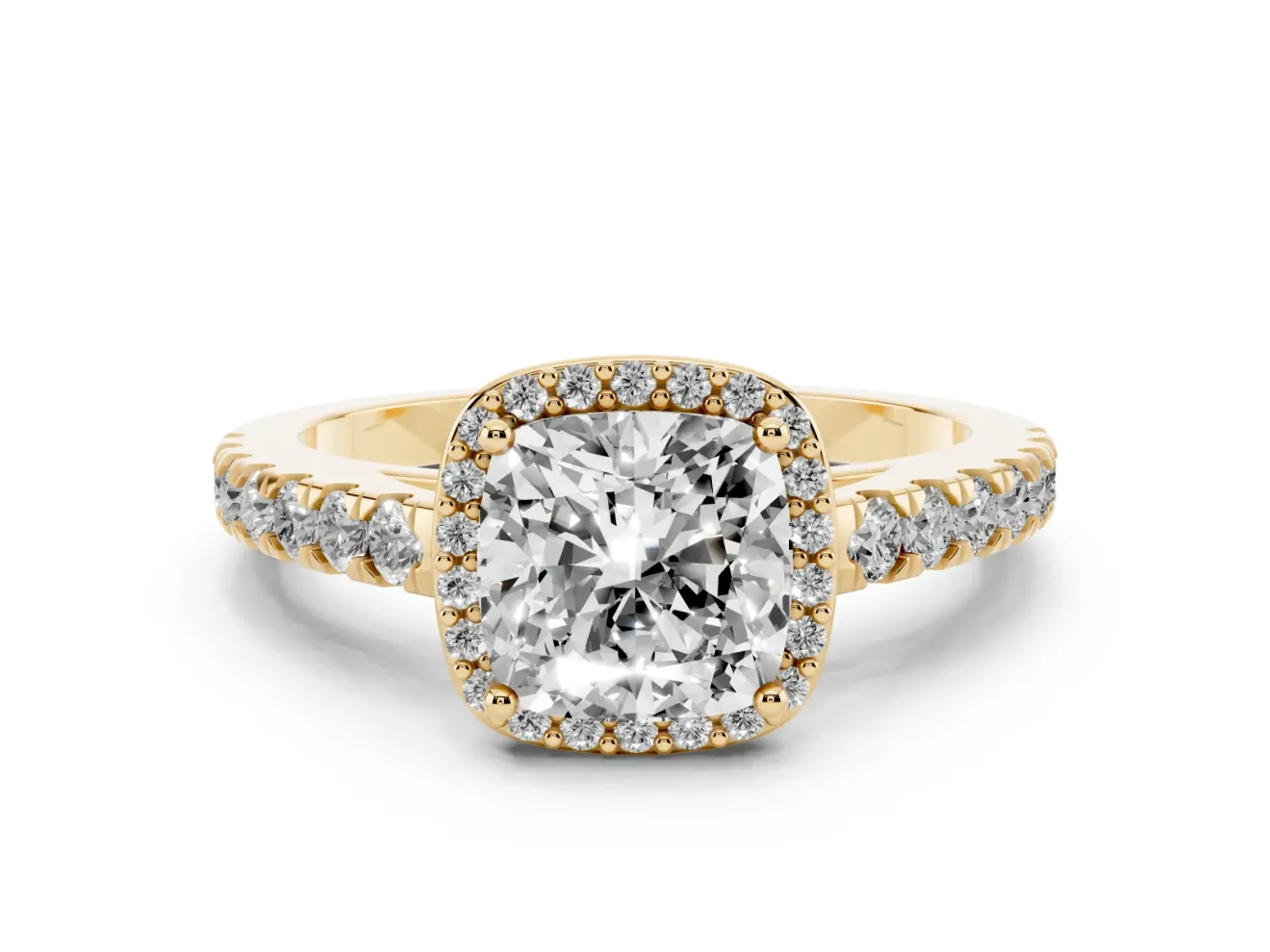 Cushion Cut Halo Pavé Engagement Ring Setting | Single Row Shoulders | Yellow Gold