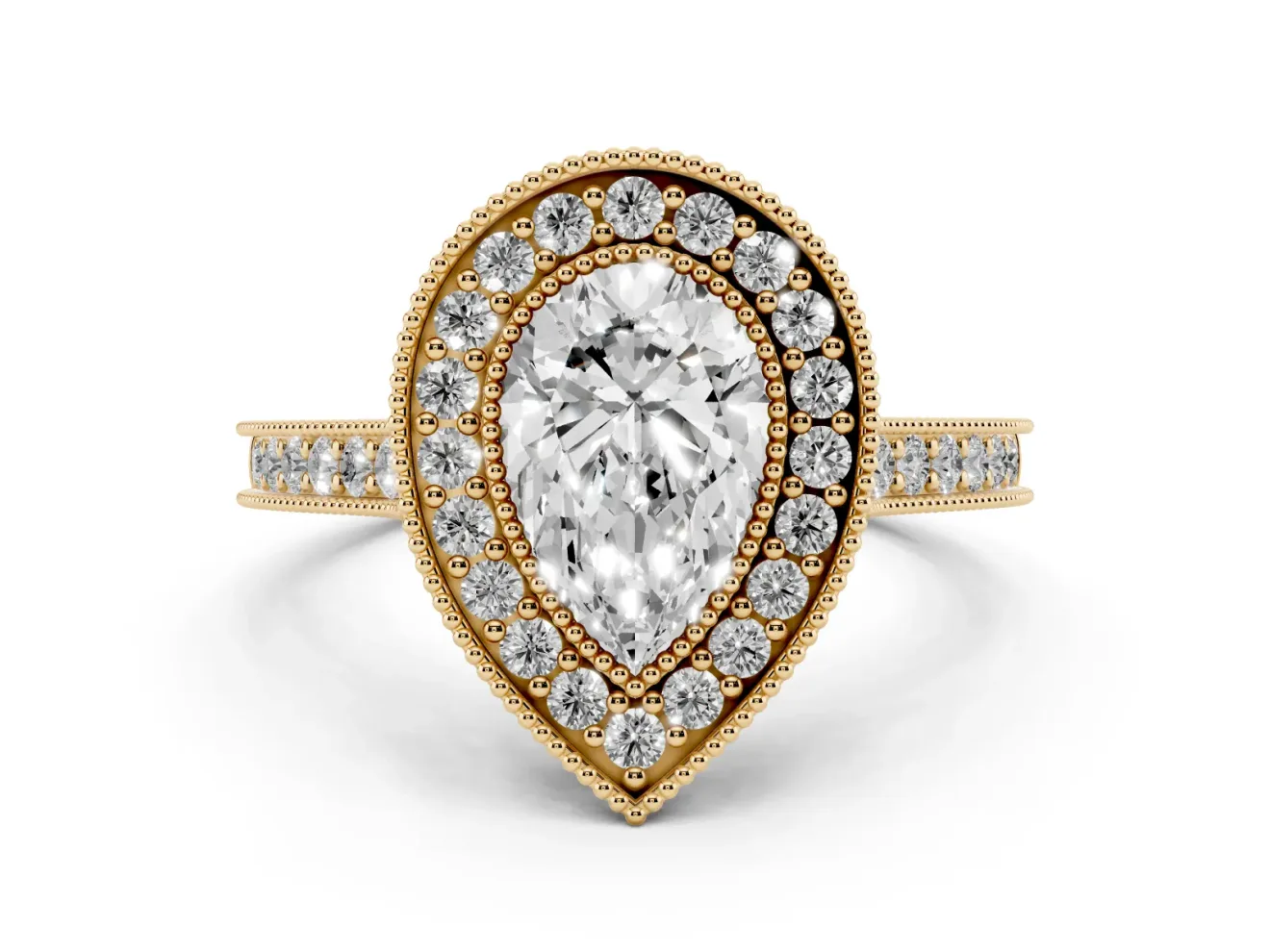 Pear-Shaped Vintage Milgrain Halo Engagement Ring Setting | Bezel Head | Yellow Gold