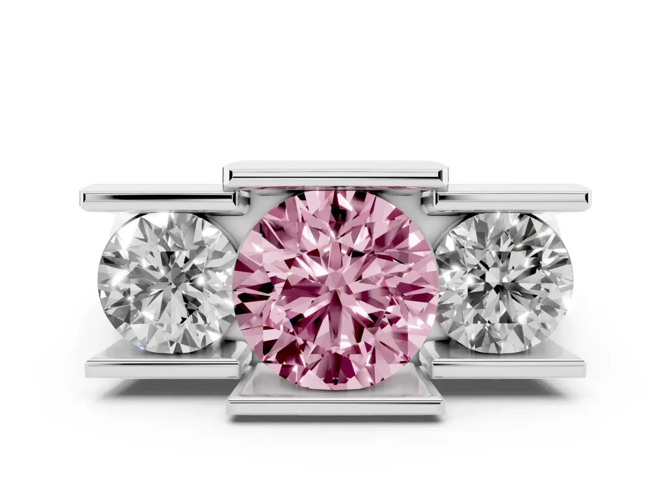 Fancy Pink Round Cut Diamond Three-Stone Channel Set Ring Set in Platinum with Smooth Polished Band