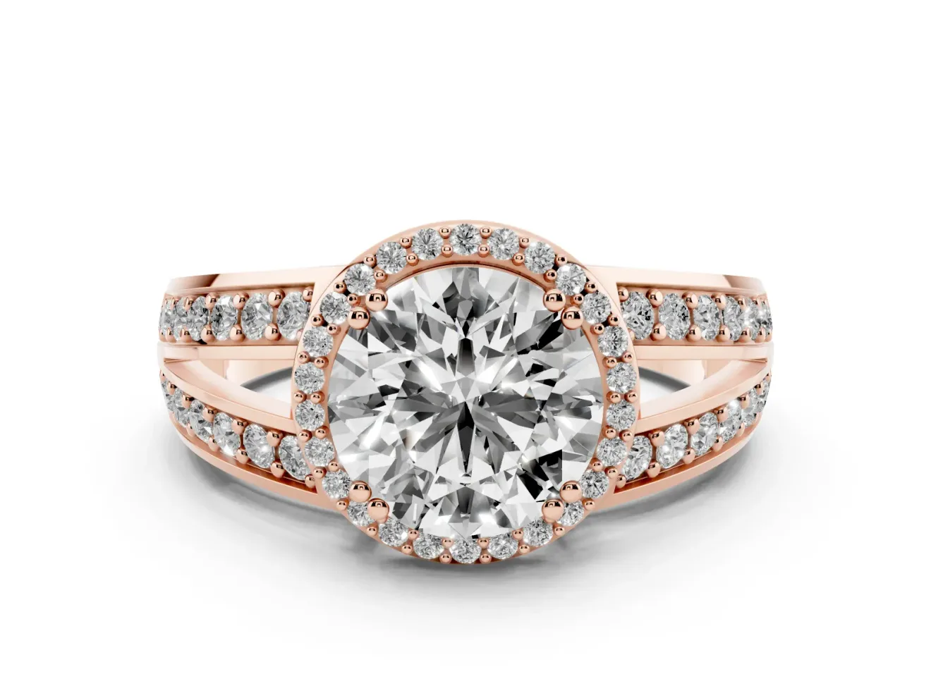 Round Halo Engagement Ring Setting | Two-Row Pave Split Shank | Rose Gold