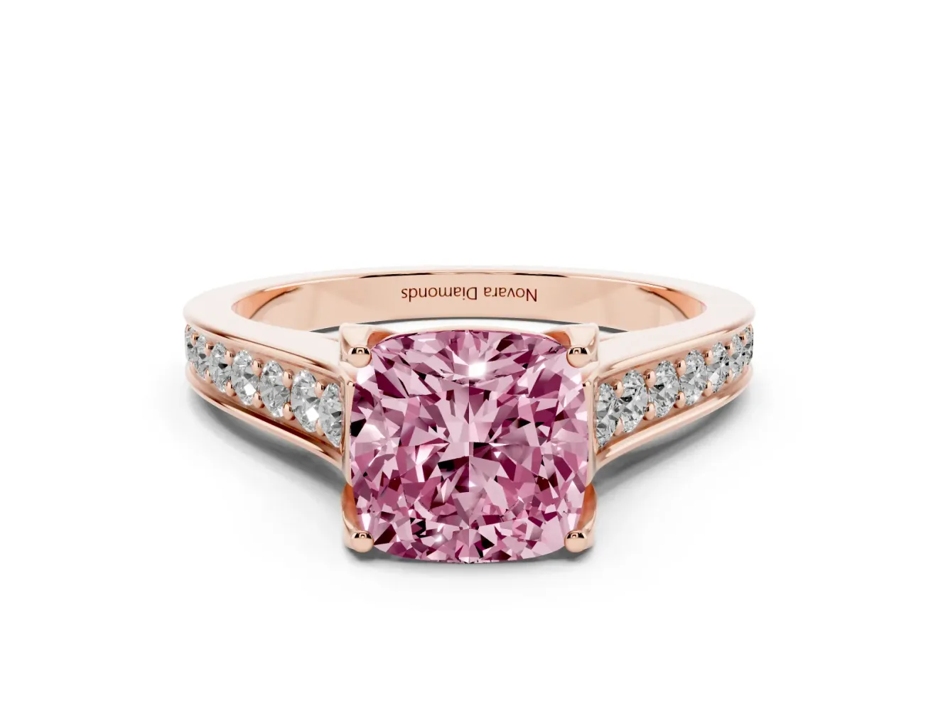 Fancy Pink Cushion Cut Diamond Solitaire Pavé Engagement Ring Set in Rose gold with Prong Setting