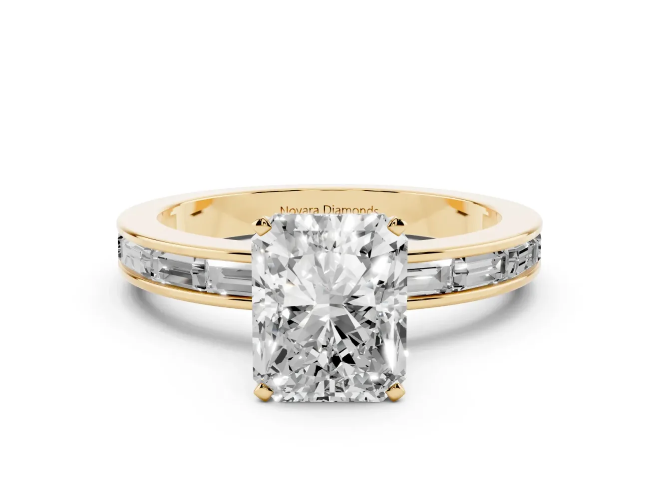 Radiant Cut Diamond Solitaire Ring Set in Yellow gold with Channel-Set Baguette Band and Prong Setting