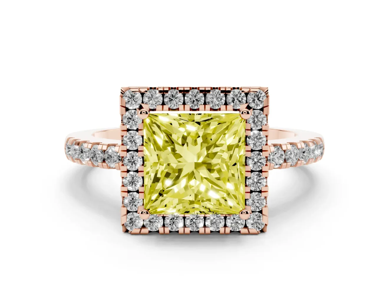 Princess Cut Halo Engagement Ring Setting for a Fancy Yellow Lab-Grown Diamond | Shared Prong Pavé Band | Rose Gold