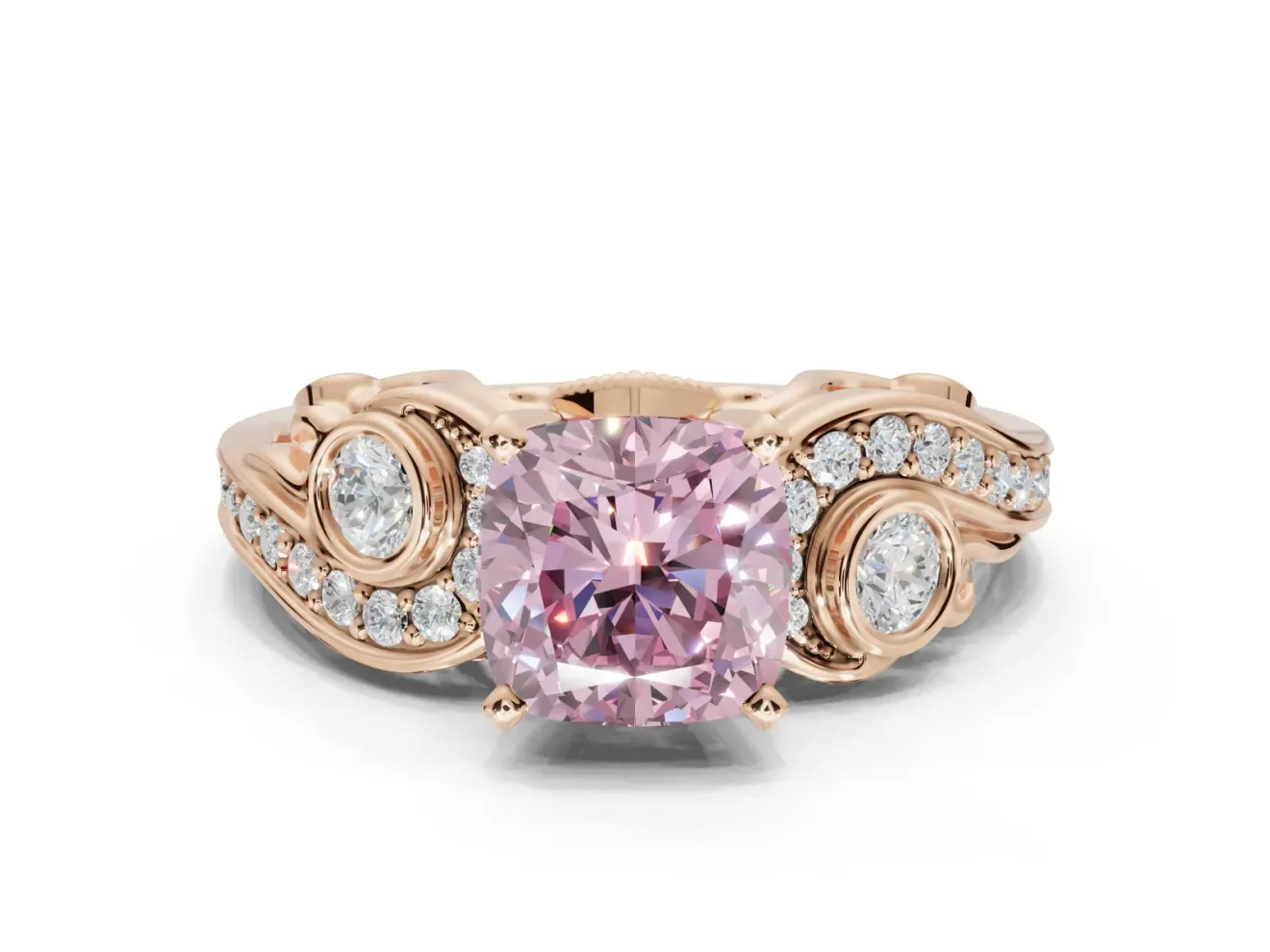 Cushion Cut Swirl Engagement Ring Setting for a Fancy Pink Lab-Grown Diamond | Rose Gold