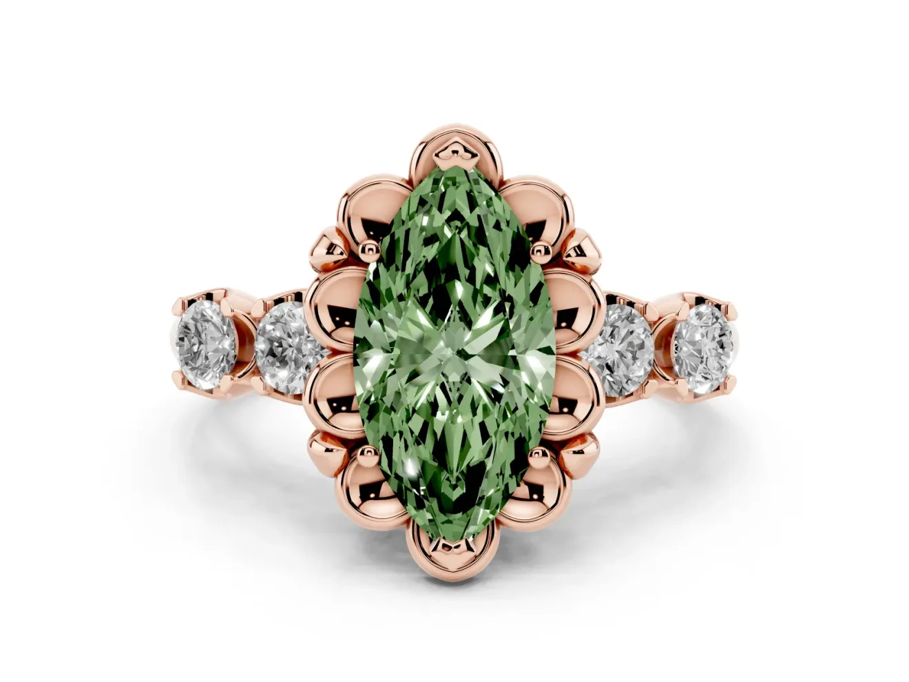 Marquise Floral Engagement Ring Setting for a Fancy Green Lab-Grown Diamond | Petal Frame and Side Stones | Rose Gold