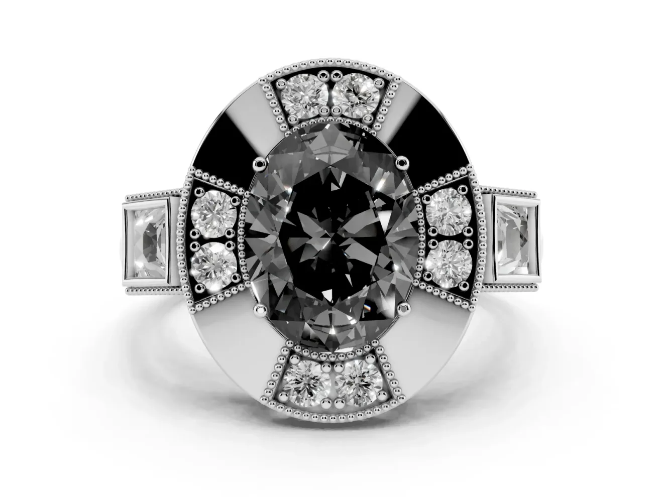 Fancy Black Oval Cut Diamond Milgrain Halo Ring Set in Silver with Split Shank