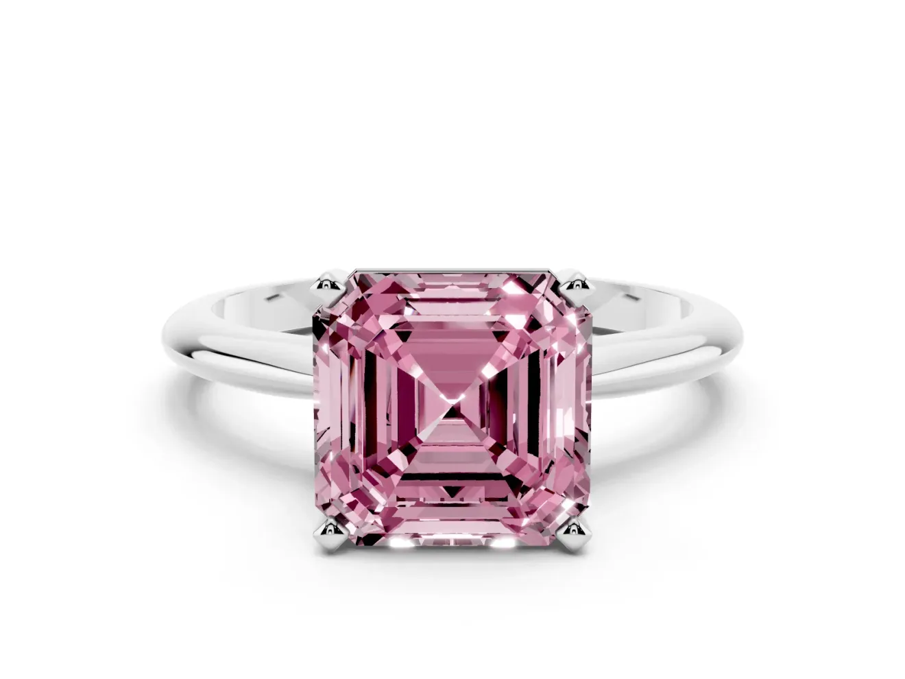 Fancy Pink Asscher Cut Diamond Solitaire Ring Set in Platinum with Prong Setting on a Plain Round Band