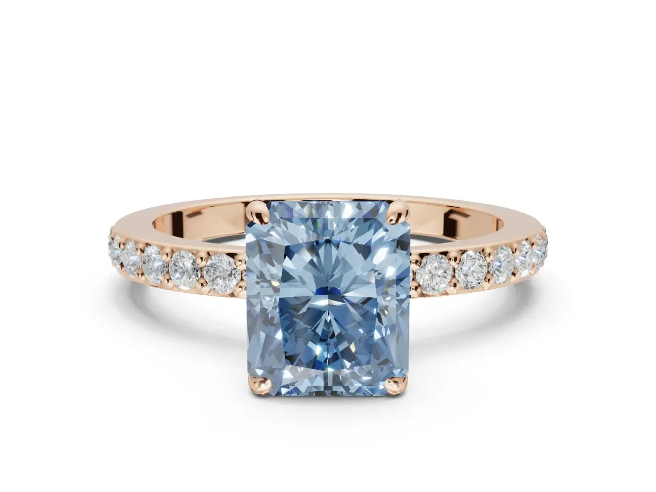 Radiant Cut Hidden Halo Engagement Ring Setting for a Fancy Blue Lab-Grown Diamond | Pavé Band | Rose Gold