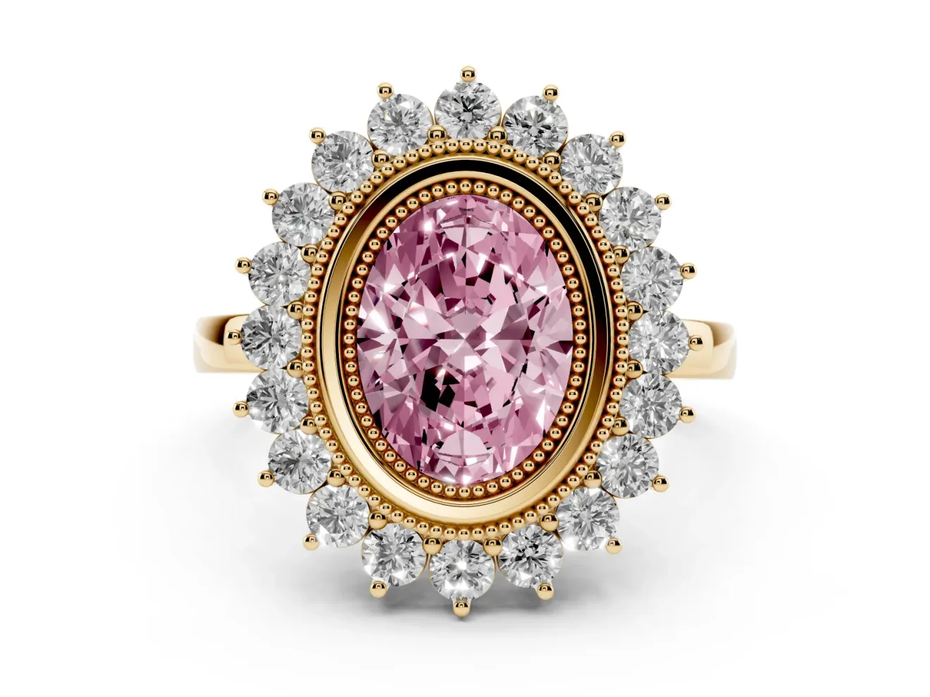 Oval Bezel Halo Engagement Ring Setting for a Fancy Pink Lab-Grown Diamond | Yellow Gold