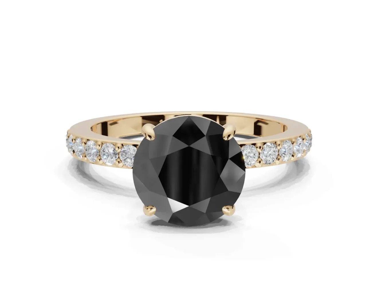 Round Hidden Halo Solitaire Engagement Ring Setting for a Black Center | Pavé Band | Yellow Gold