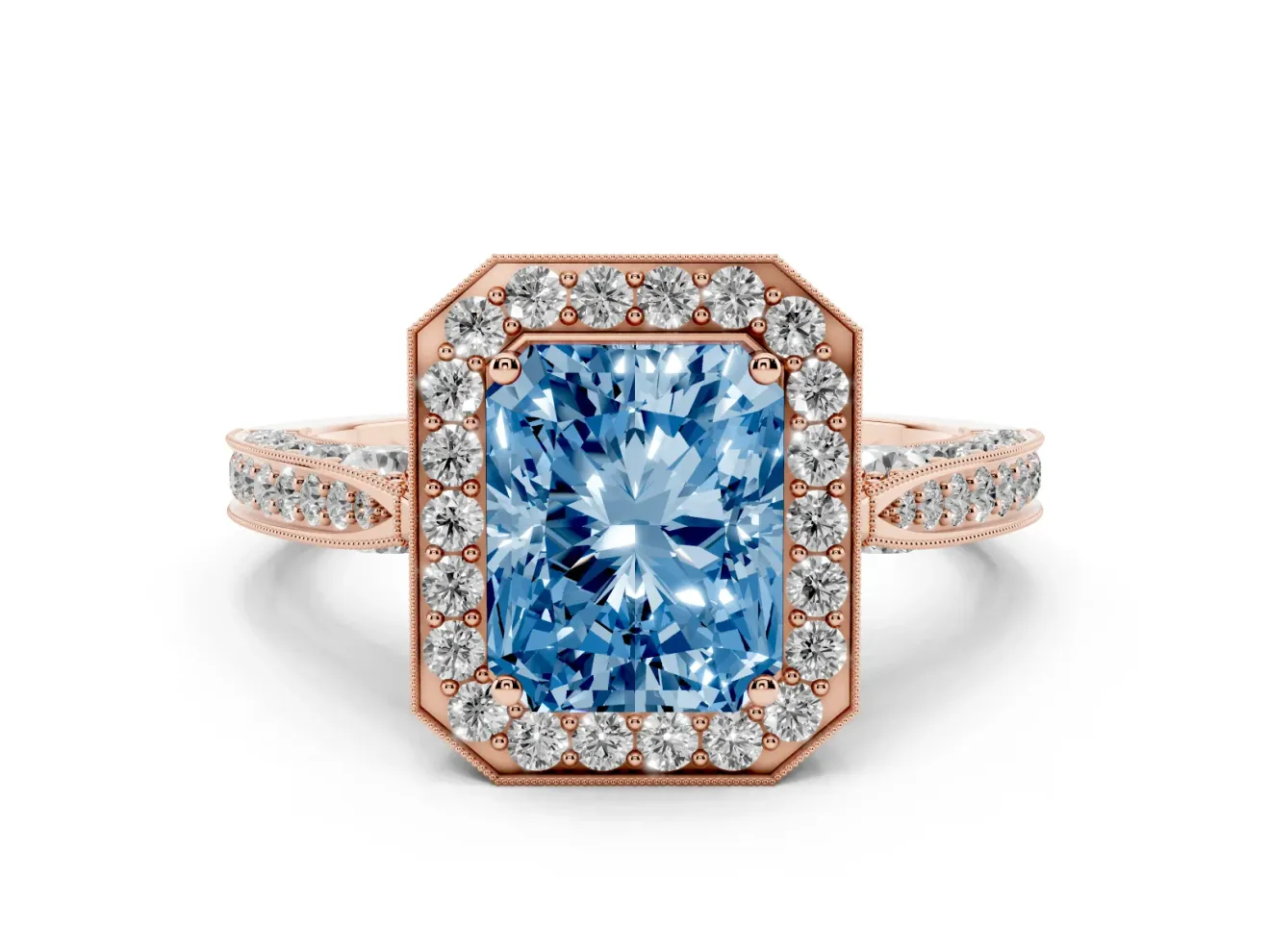 Radiant Cut Milgrain Halo Engagement Ring Setting for a Fancy Blue Lab-Grown Diamond | Side Stones | Rose Gold