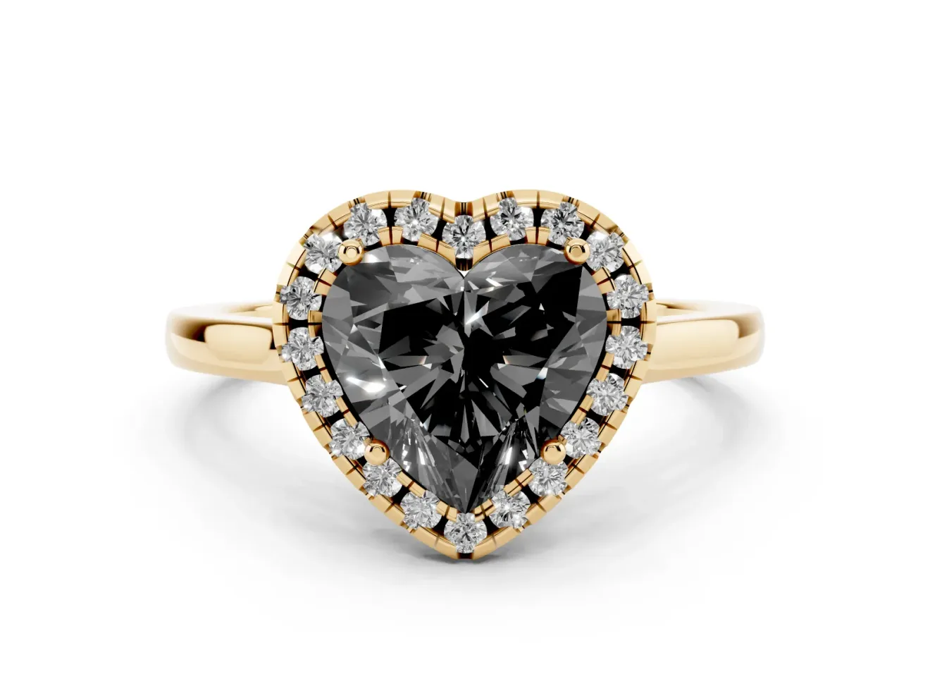 Heart-Shaped Halo Engagement Ring Setting for a Black Center | Flat Tapered Band | Yellow Gold