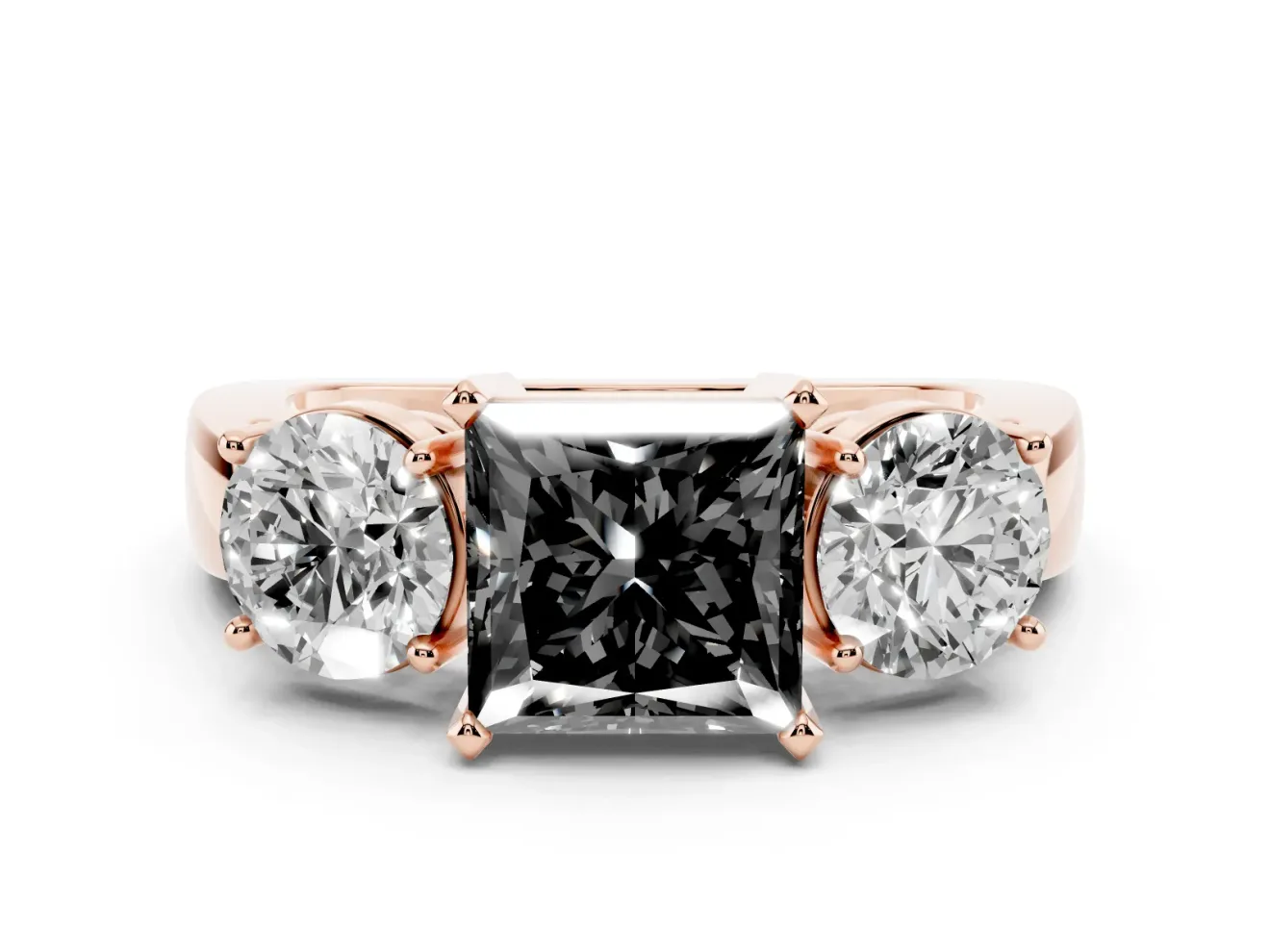 Princess Cut Three Stone Engagement Ring Setting for a Black Center | Round Side Stones | Rose Gold