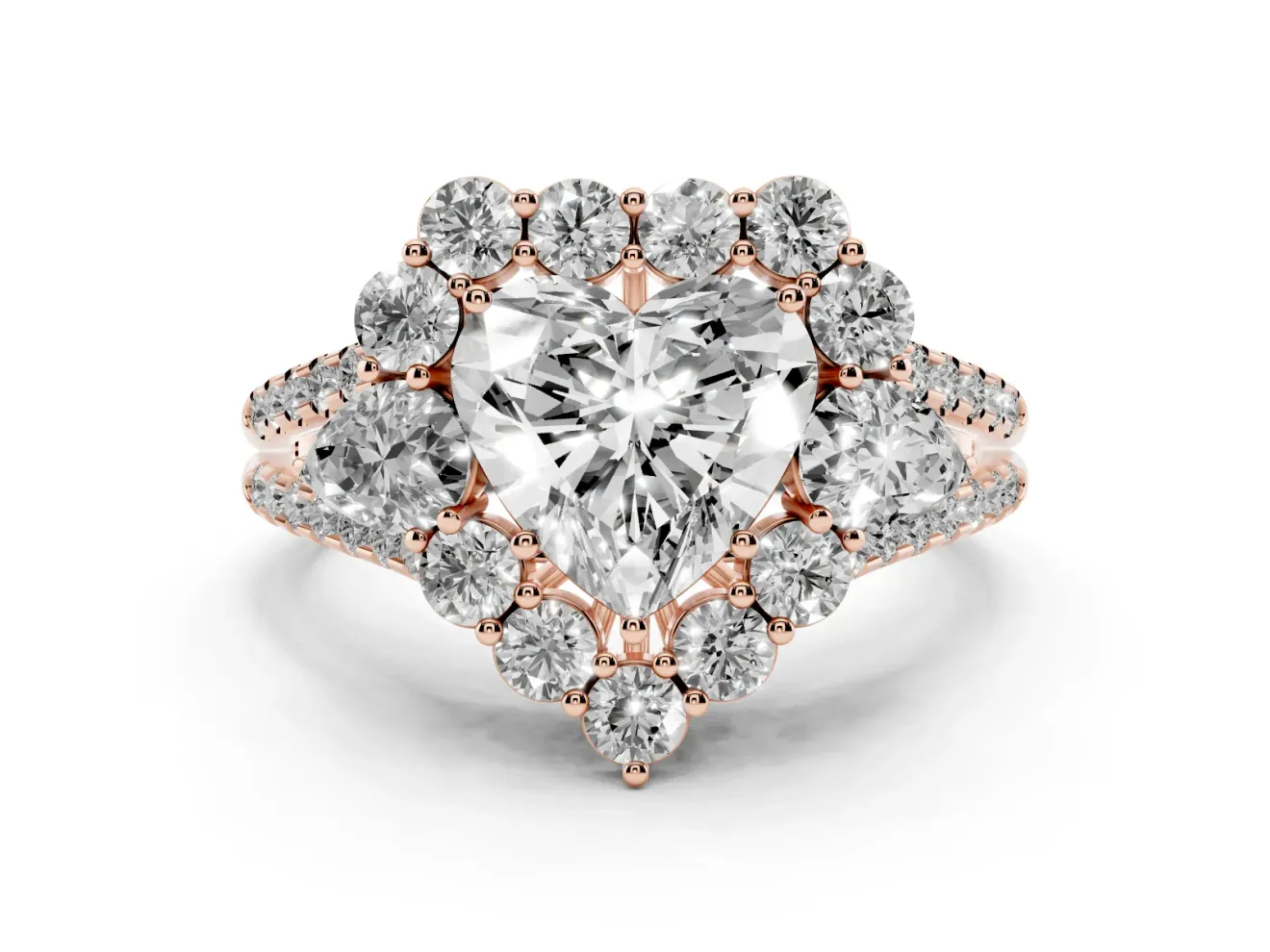 Heart Cut Diamond Halo Split Shank Engagement Ring Set in Rose gold with Prong-Held Center Stone