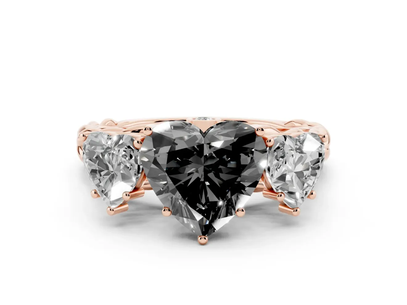 Heart-Shaped Three Stone Engagement Ring Setting for a Black Center | Braided Band | Rose Gold