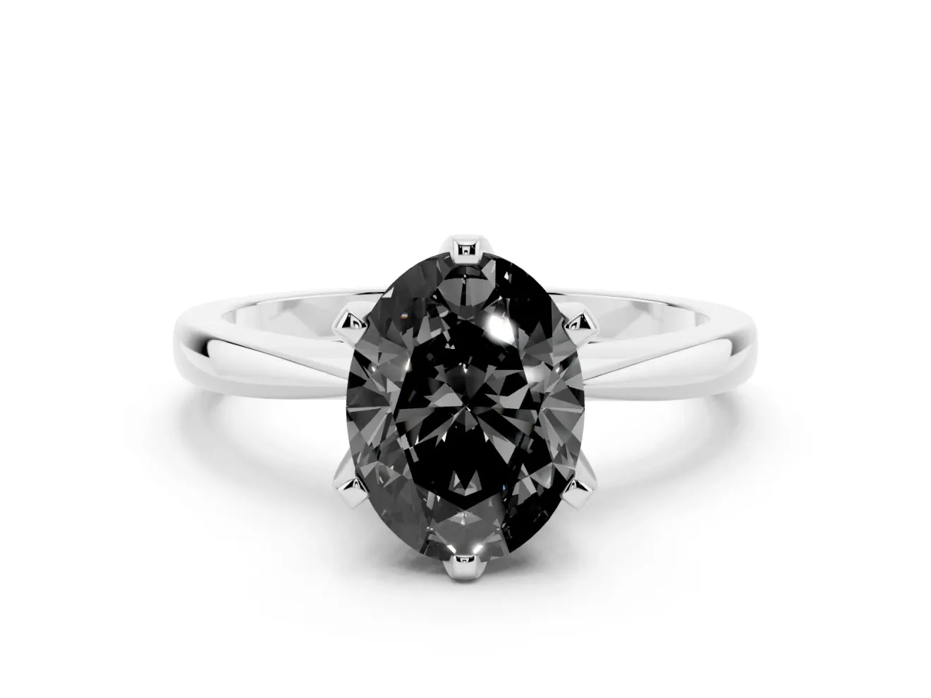 Fancy Black Oval Cut Diamond Solitaire Engagement Ring Set in White gold with Slim Tapered Solitaire Band