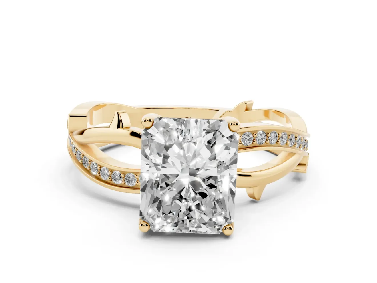 Radiant Cut Diamond Pavé Twist Band Solitaire Ring Set in Yellow gold with Prong Setting