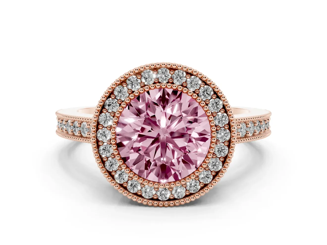 Fancy Pink Round Cut Diamond Halo Engagement Ring Set in Rose gold with Pavé Band and Round Halo Stones