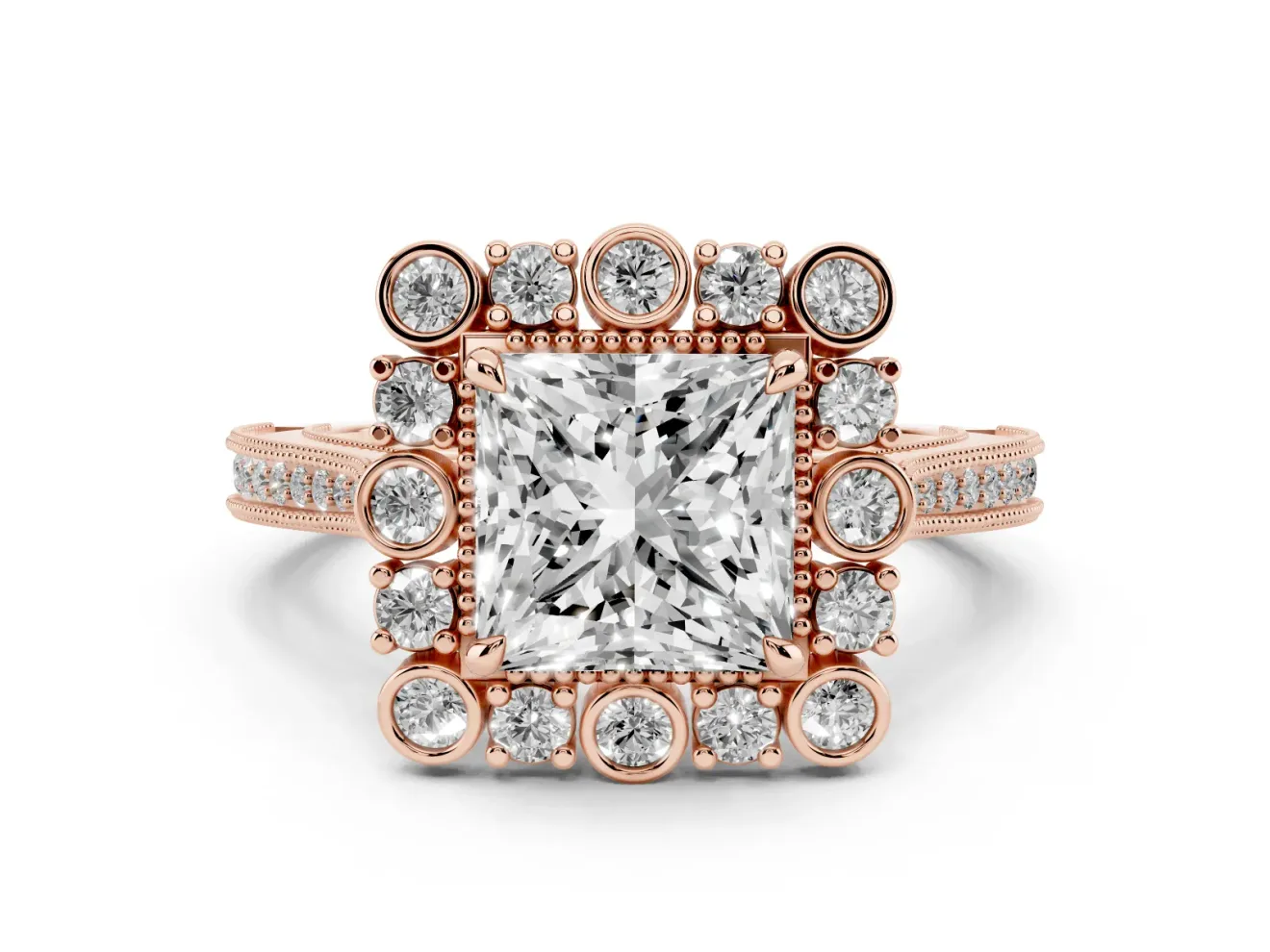 Princess Cut Vintage Scalloped Halo Engagement Ring Setting | Milgrain Pavé Band | Rose Gold