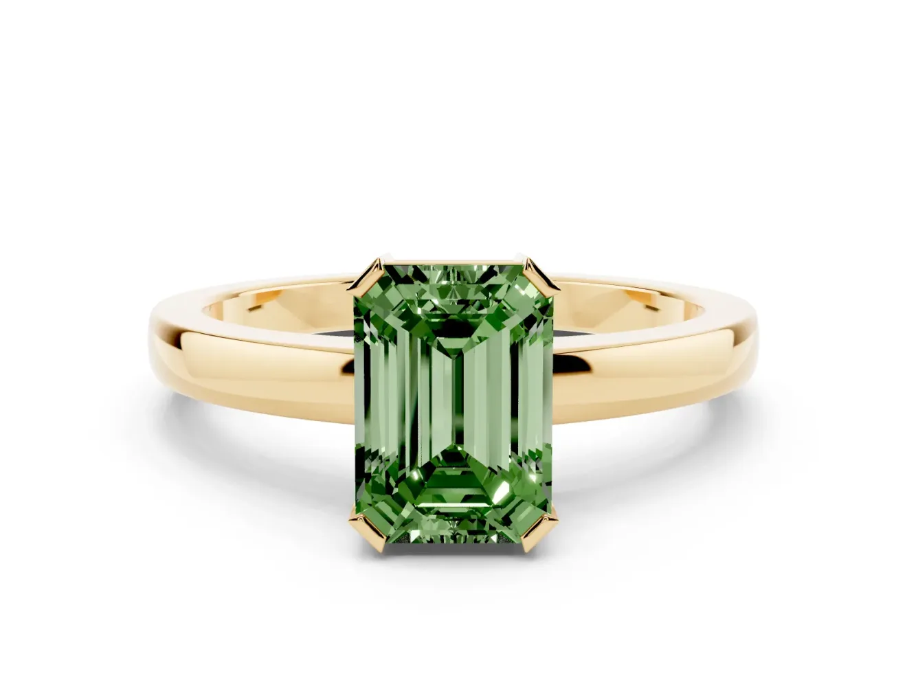 Fancy Green Emerald Cut Diamond Solitaire Ring Set in Yellow gold with Prong Head and Smooth Polished Band