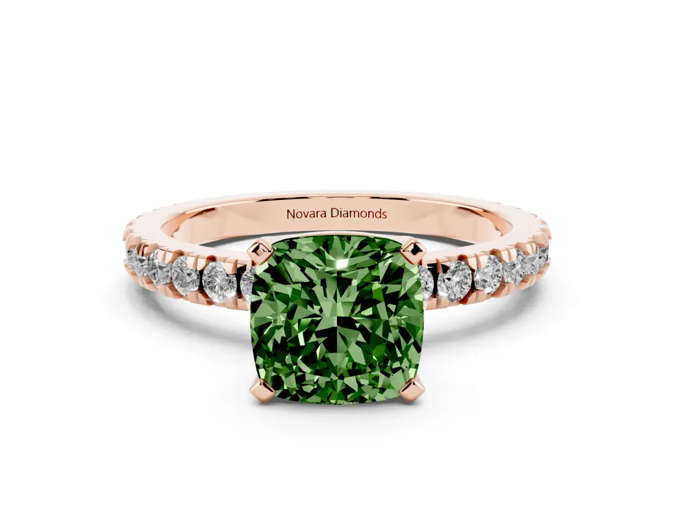 Cushion Cut Pavé Solitaire Engagement Ring Setting for a Fancy Green Lab-Grown Diamond | Rose Gold