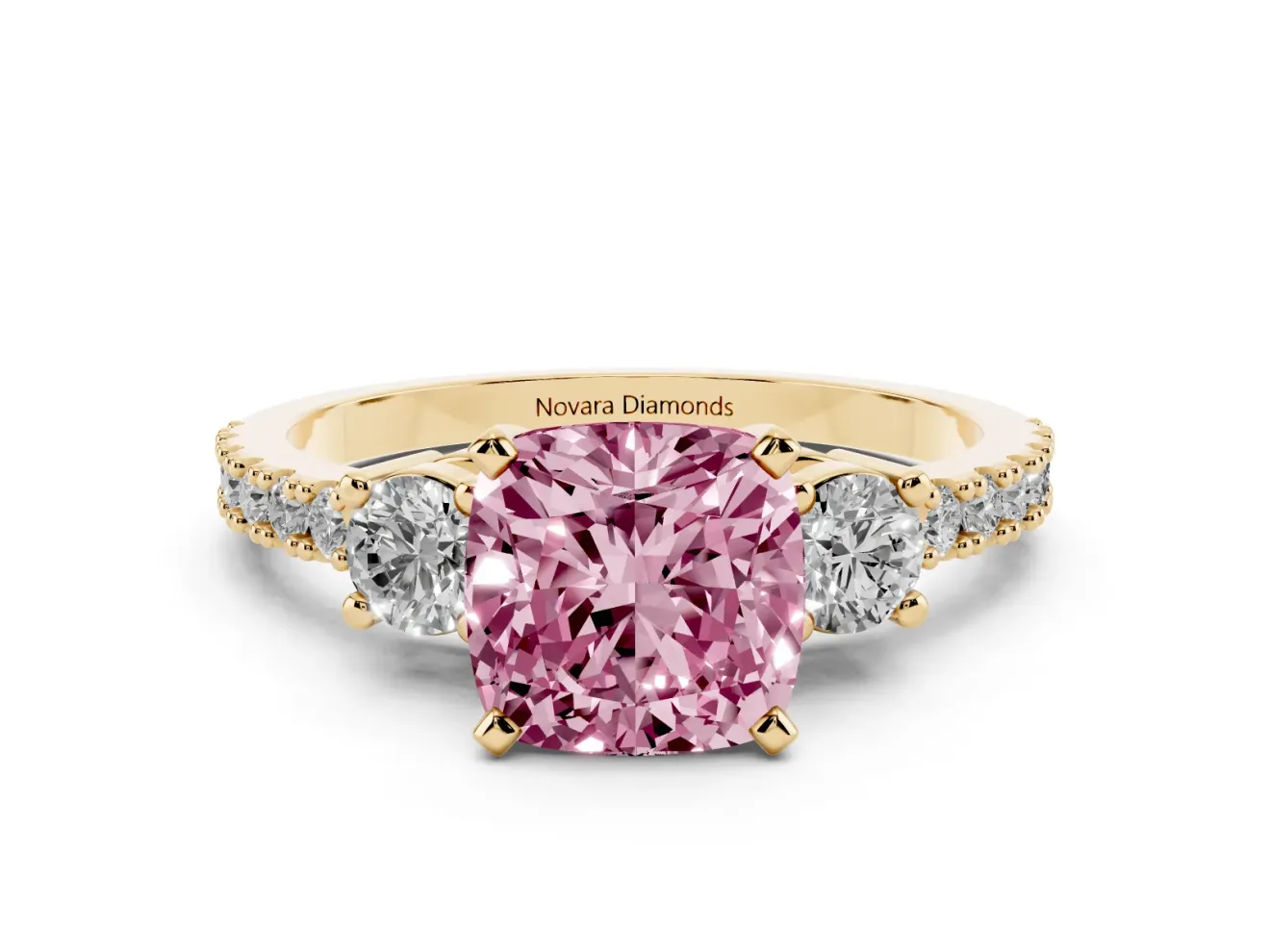 Fancy Pink Three-Stone Cushion Cut Diamond Pavé Band Ring Set in Yellow gold with Prong Setting