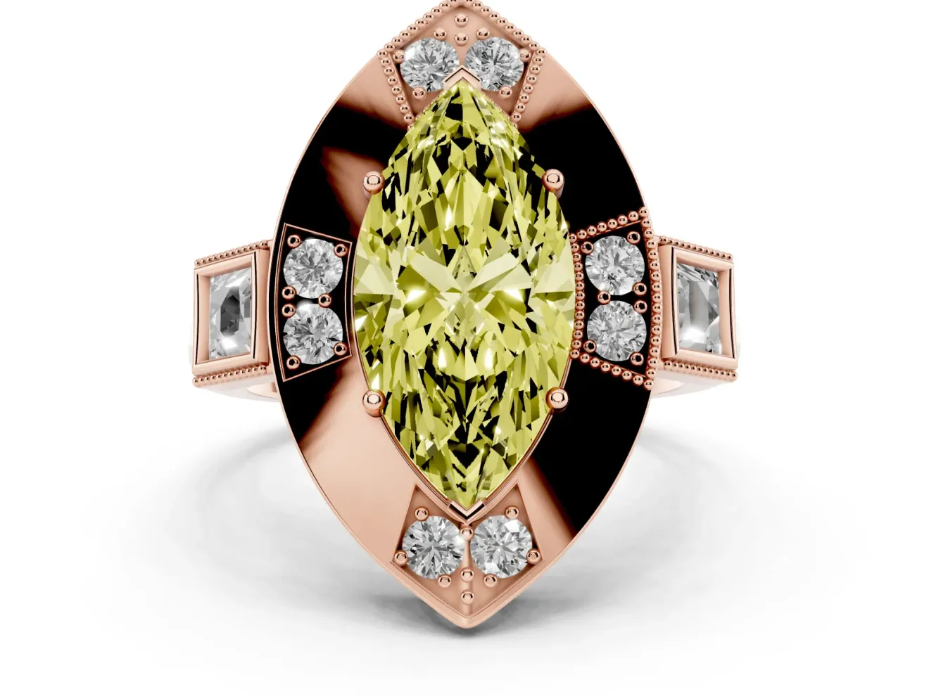 Fancy Yellow Marquise Cut Diamond Milgrain Halo Ring Set in Rose gold with Split Shank