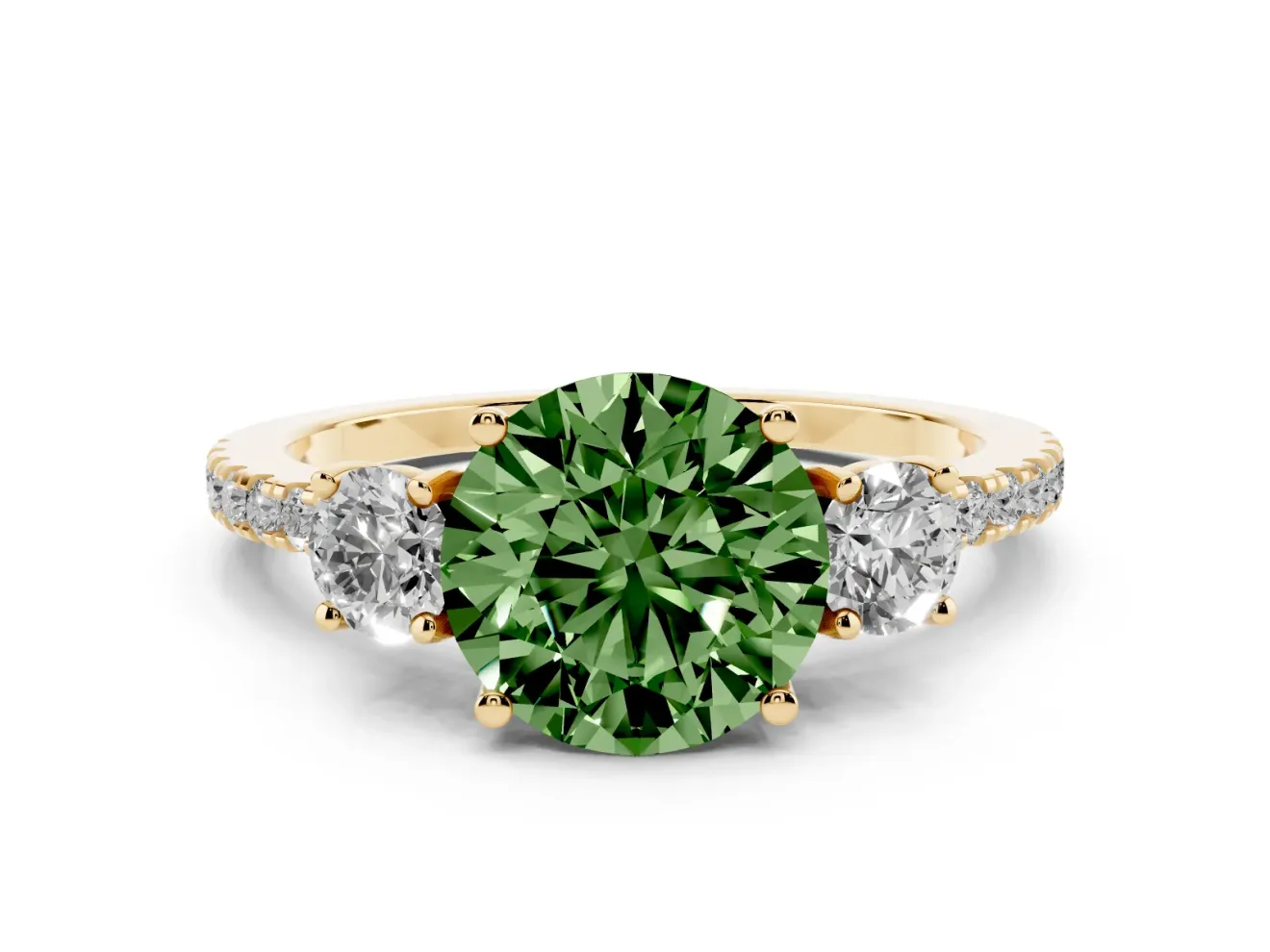 Fancy Green Round Cut Diamond Three-Stone Ring Set in Yellow gold with Pavé Band and Graduated Sides