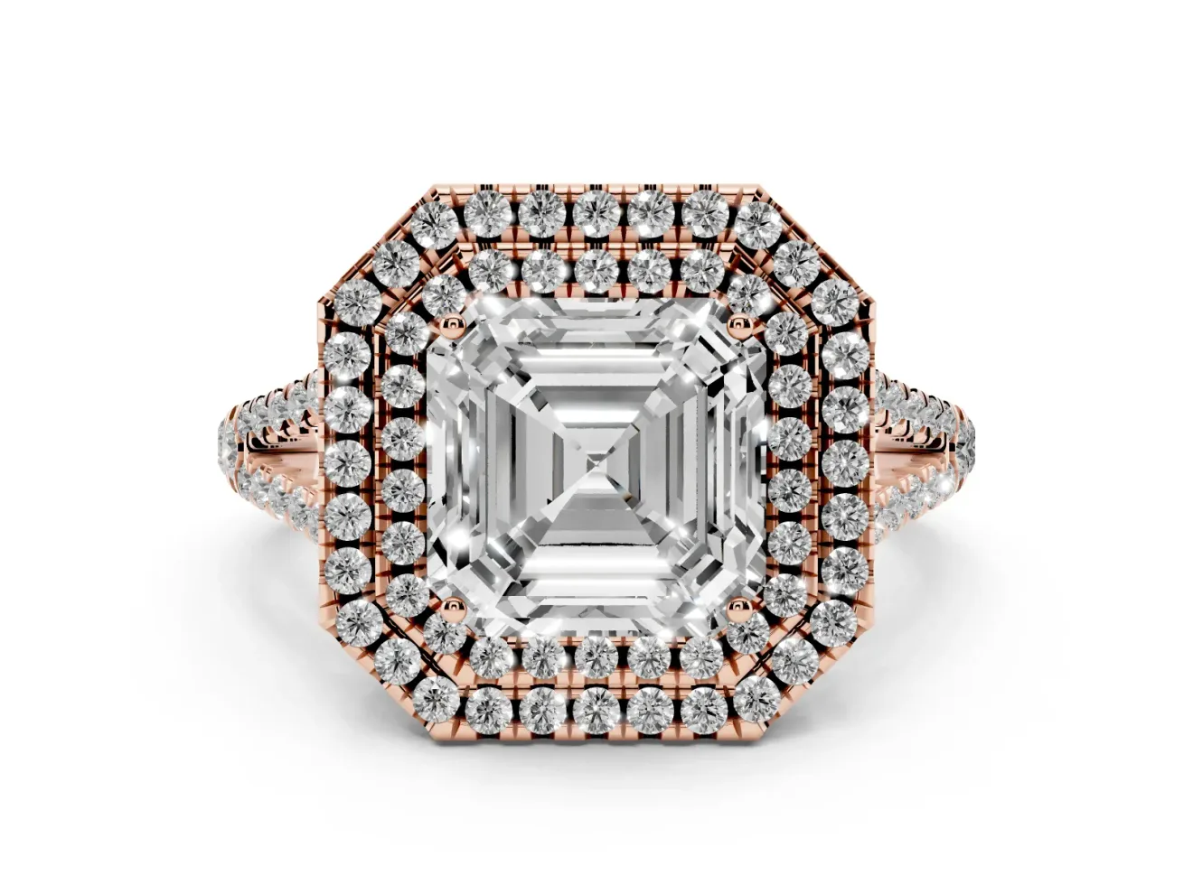 Asscher Cut Double Halo Split Shank Engagement Ring Setting | Pavé Shoulders | Rose Gold