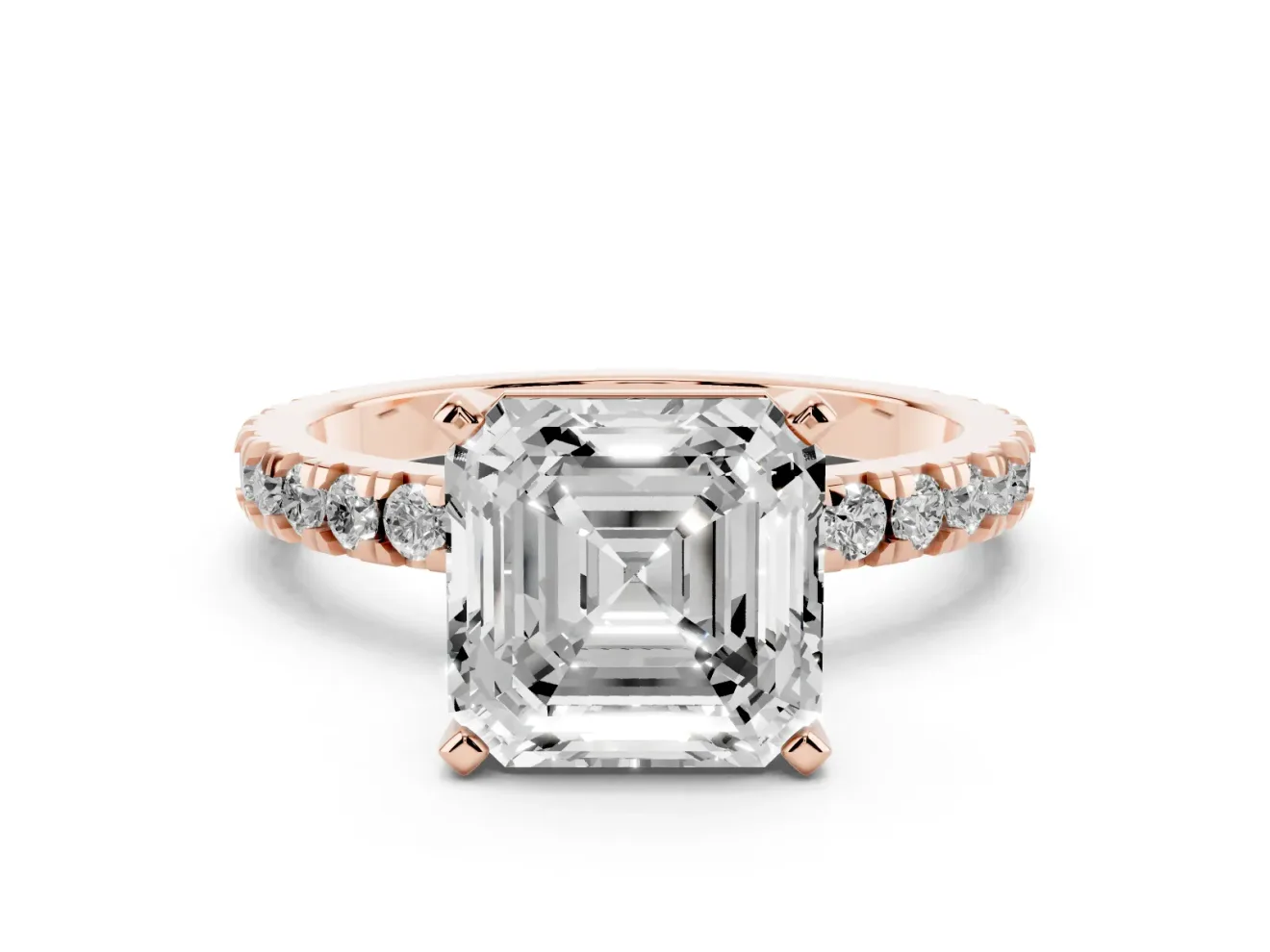 Asscher Cut Diamond Pavé Band Solitaire Set in Rose gold with Prong Setting