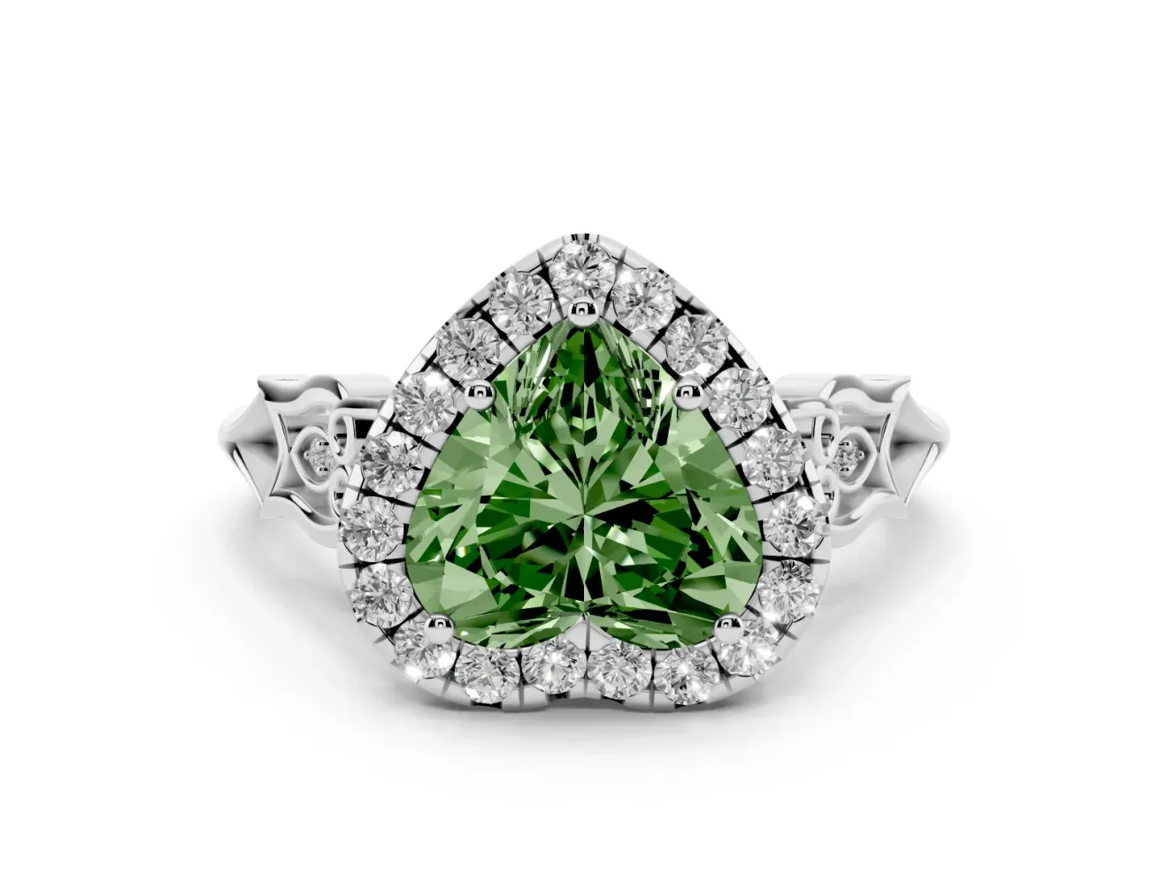 Fancy Green Heart Cut Diamond Halo Engagement Ring Set in Silver with Filigree Band and Prong-Set Center