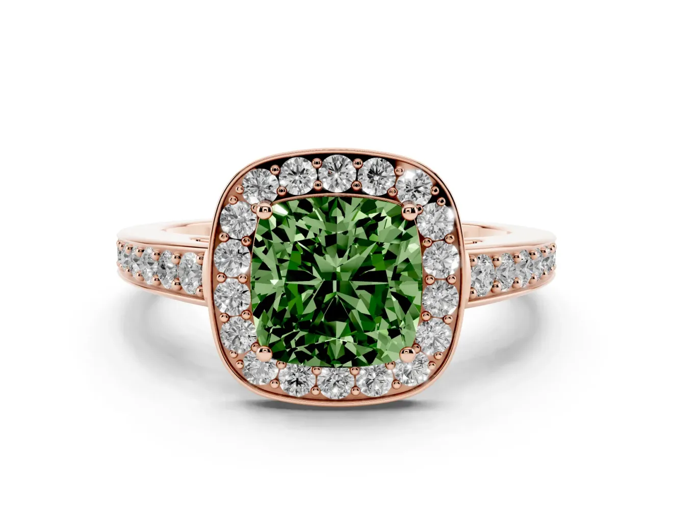 Fancy Green Cushion Cut Diamond Halo Pavé Engagement Ring Set in Rose gold with Bezel Setting