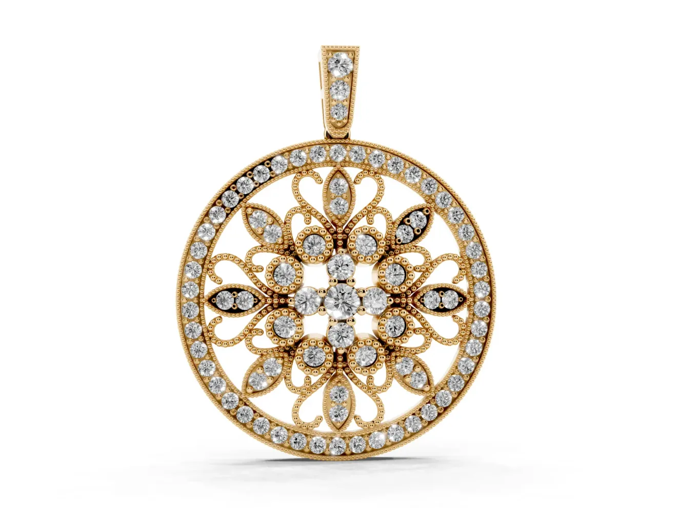 Round Lab-Grown Diamond Floral Filigree Pendant Necklace | Pavé Frame | Yellow Gold