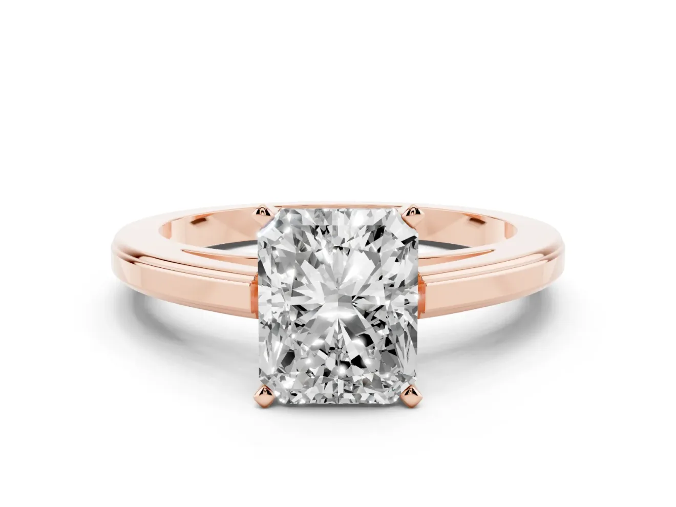 Radiant Cut Diamond Solitaire Ring Set in Rose gold with Prong Setting and Classic Band