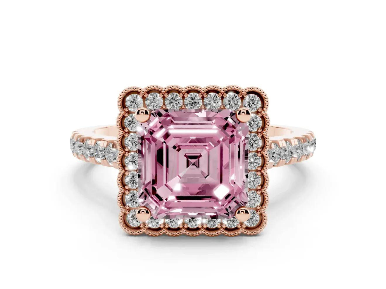 Fancy Pink Asscher Cut Diamond Milgrain Floral Halo Engagement Ring Set in Rose gold with Pavé Band