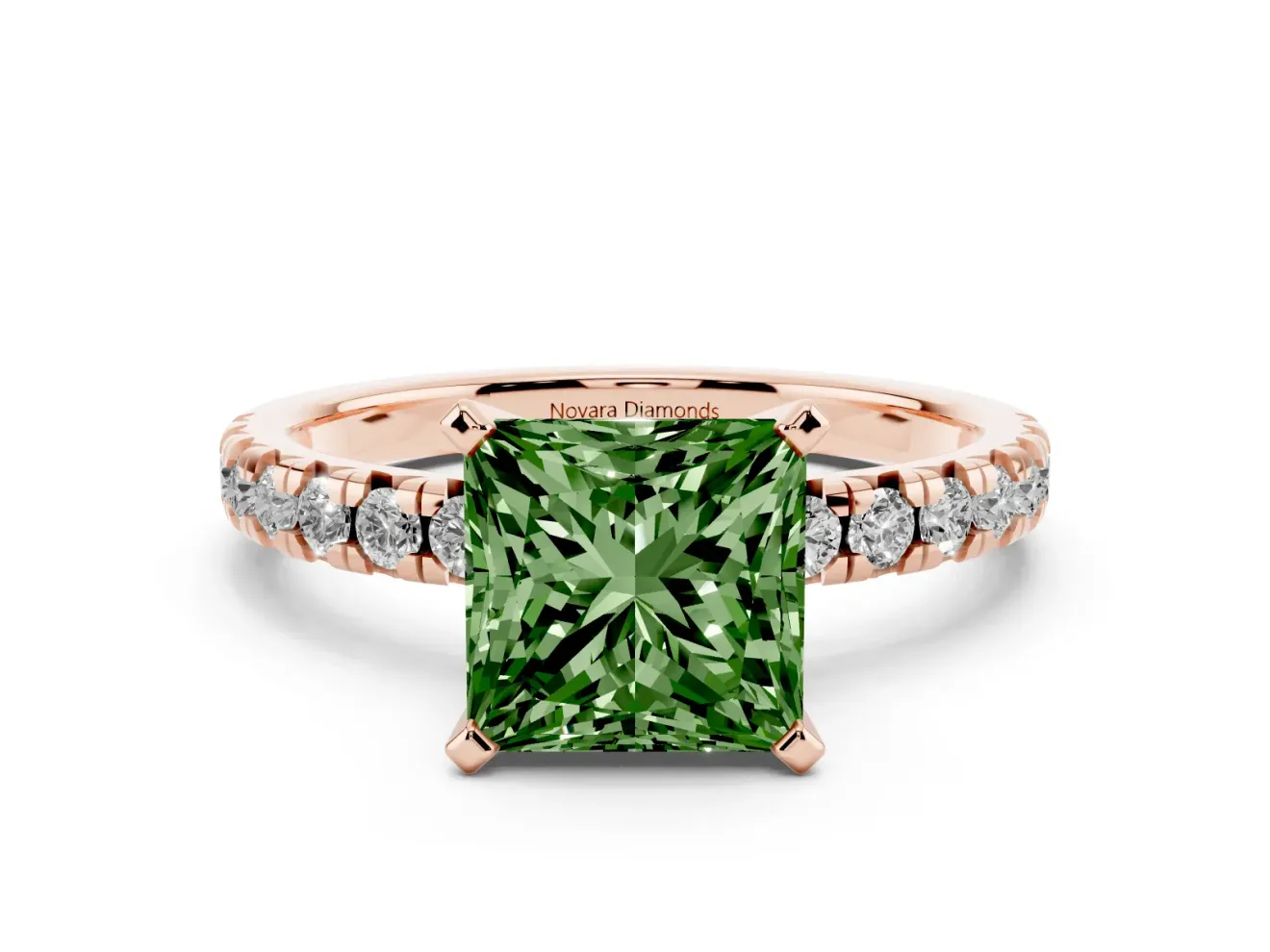 Princess Cut Pavé Solitaire Engagement Ring Setting for a Fancy Green Lab-Grown Diamond | Rose Gold