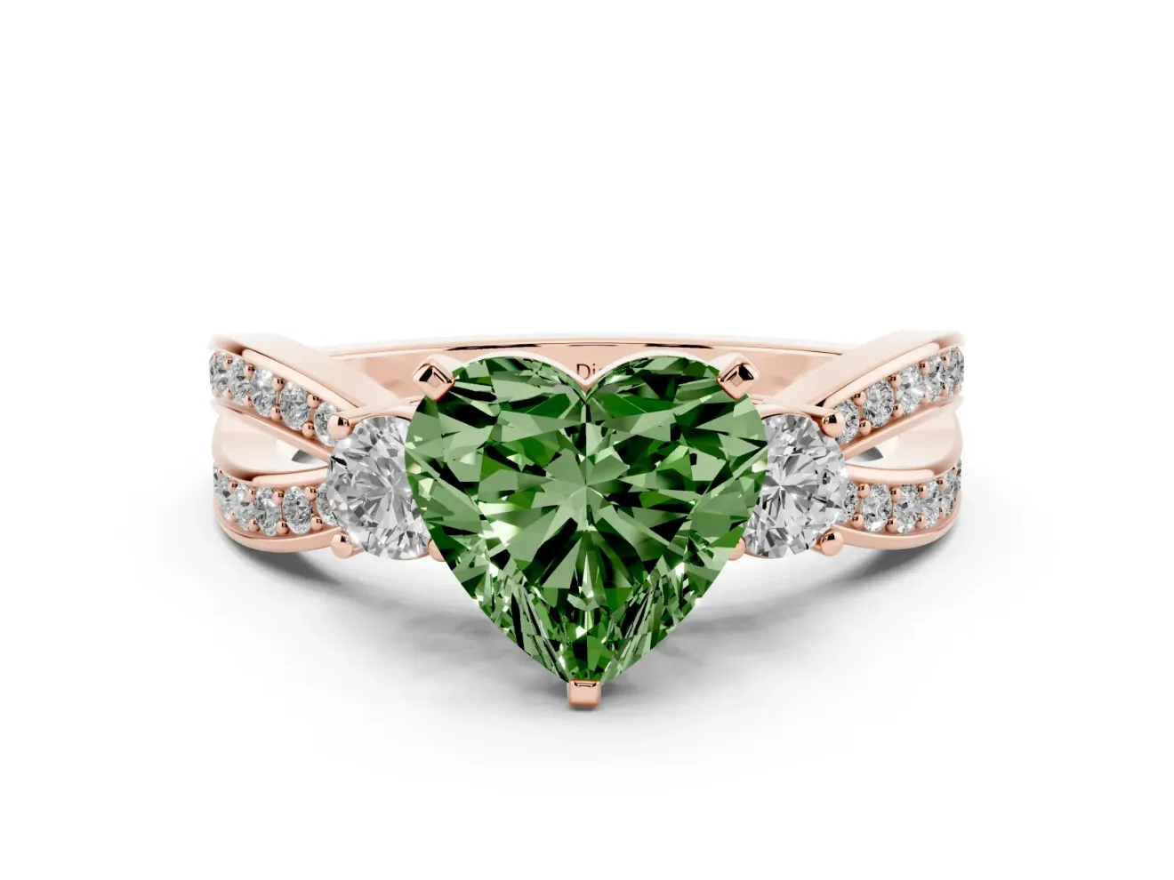 Fancy Green Three-Stone Heart Cut Diamond Twist Band Ring Set in Rose gold with Pavé Accents and Prong Setting