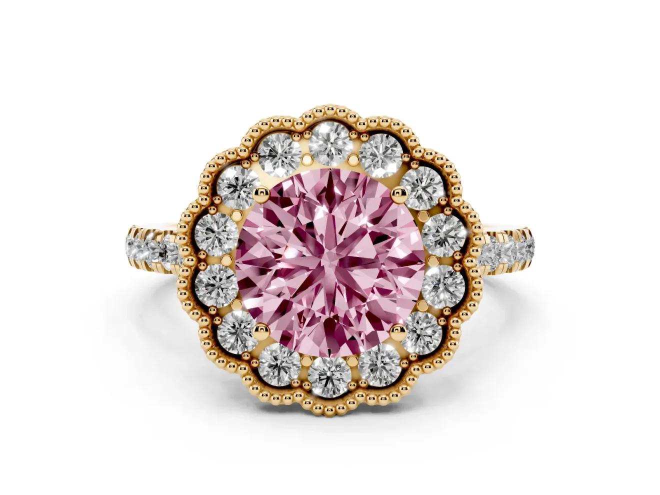 Fancy Pink Round Cut Diamond Milgrain Floral Halo Engagement Ring Set in Yellow gold with Pavé Band