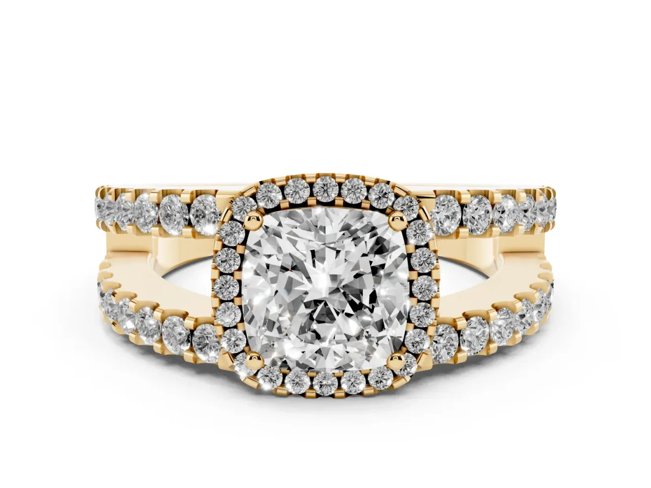 Cushion Cut Diamond Halo Ring Set in Yellow gold with Pavé Split Shank and Prong Setting