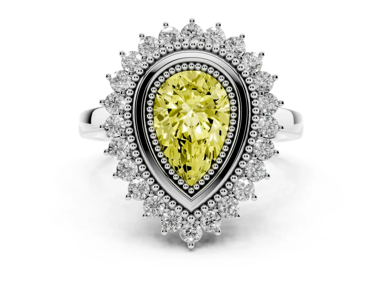 Fancy Yellow Pear Cut Diamond Halo Ring Set in Platinum with Milgrain Edge and Round Prong Setting