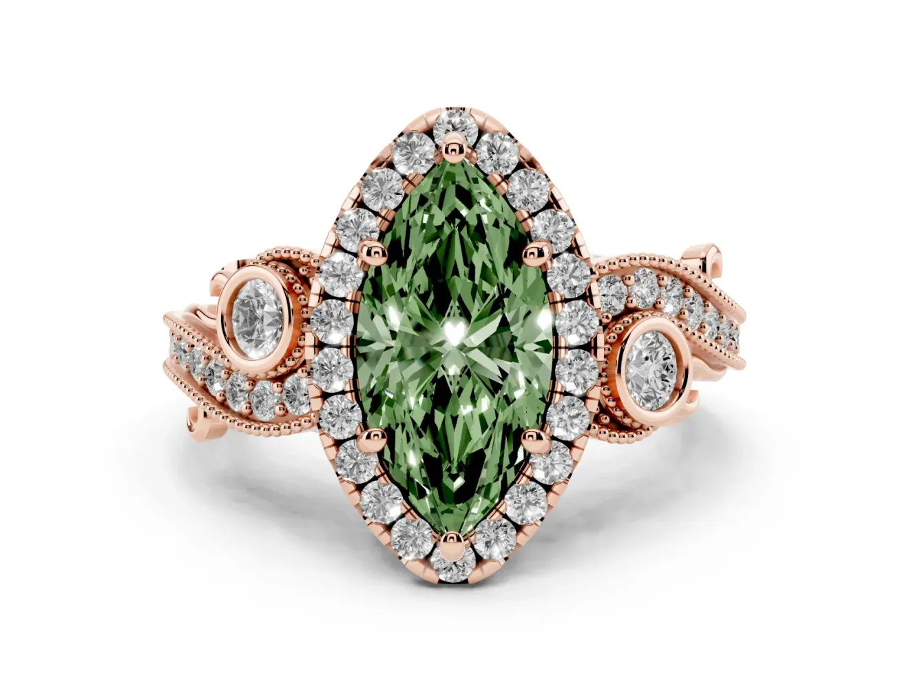 Marquise Vintage Halo Engagement Ring Setting for a Fancy Green Lab-Grown Diamond | Bezel Shoulder Accents | Rose Gold