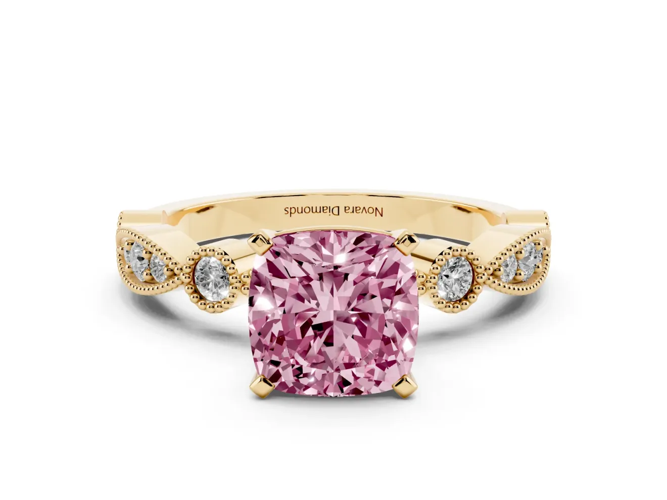 Fancy Pink Cushion Cut Diamond Solitaire Engagement Ring Set in Yellow gold with Milgrain Bezel Accent Band