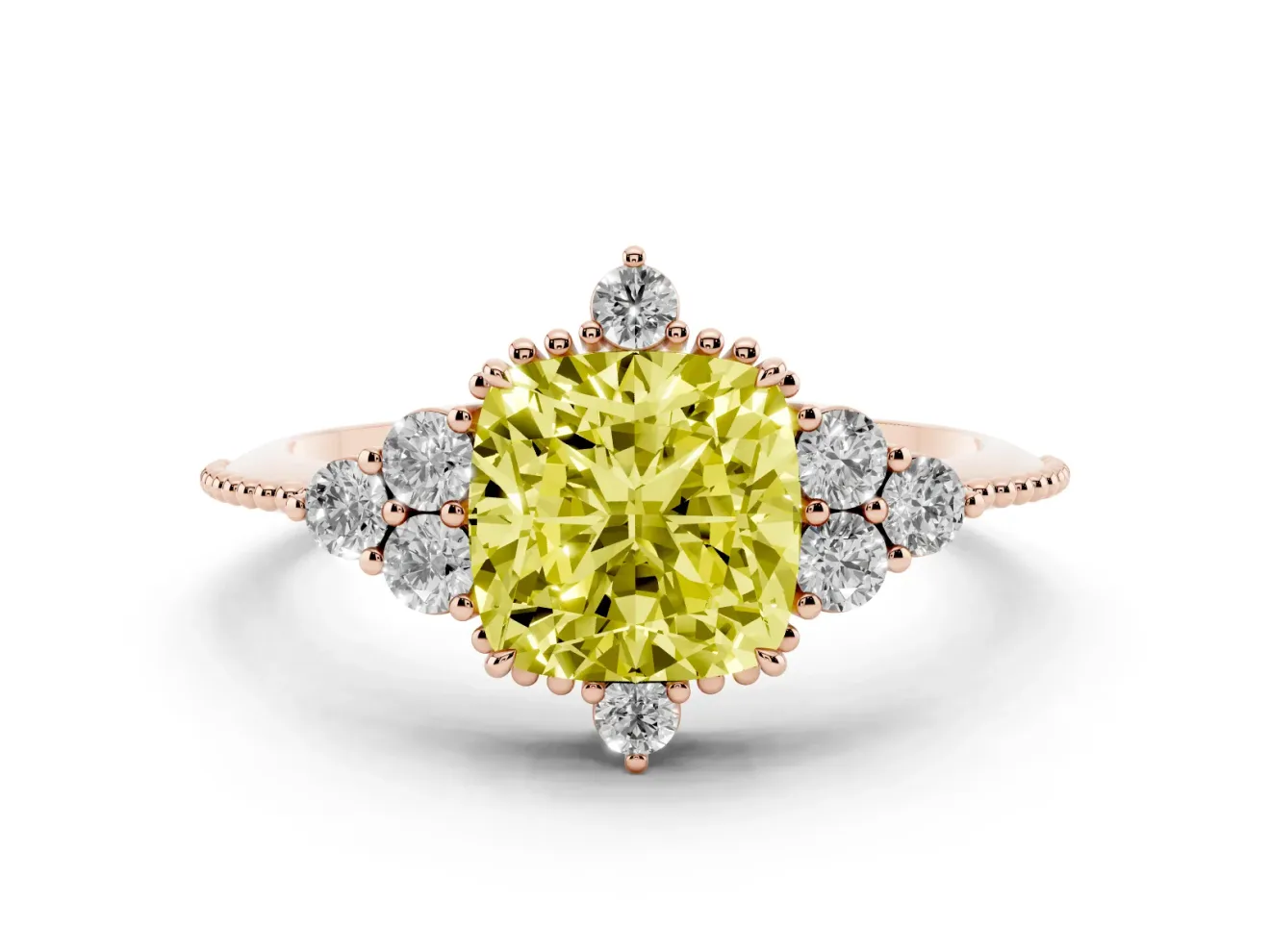 Cushion Cut Cluster Engagement Ring Setting for a Fancy Yellow Lab-Grown Diamond | Rose Gold