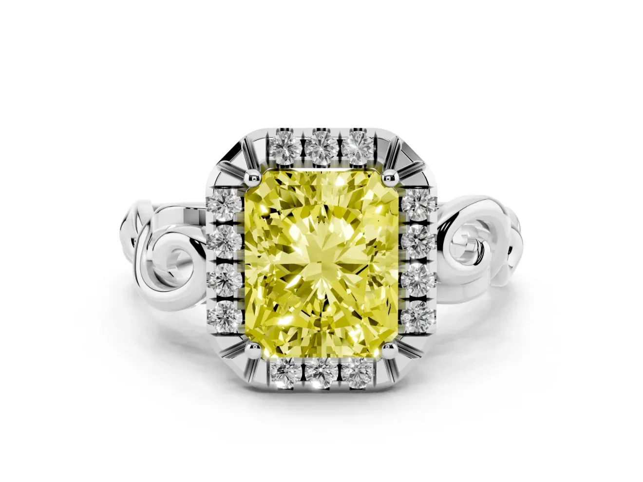 Fancy Yellow Radiant Cut Diamond Halo Ring Set in Silver with Scrollwork Band and Prong Setting