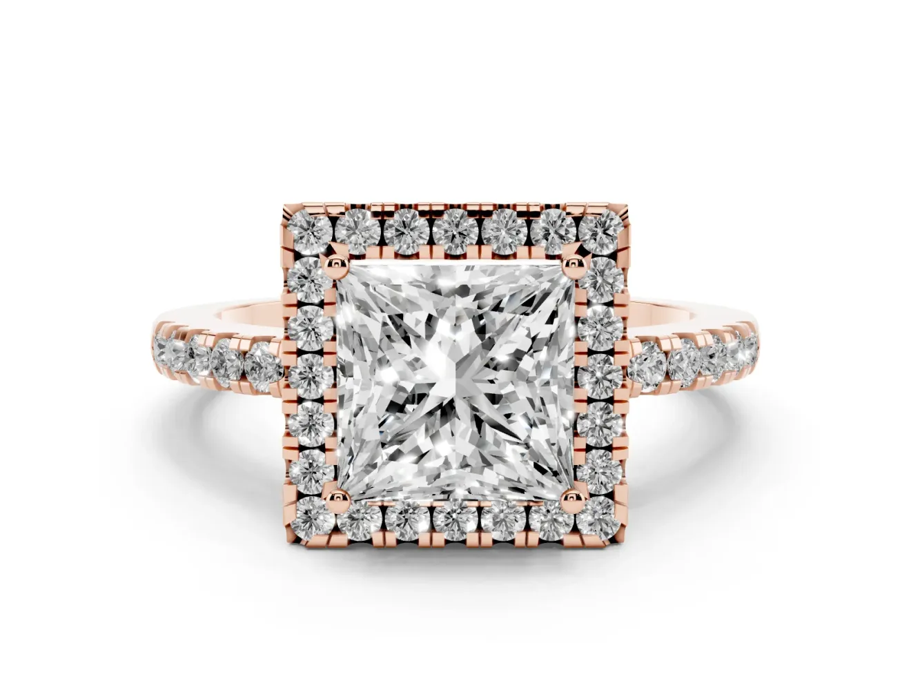 Princess Cut Diamond Pavé Band Halo Engagement Ring Set in Rose gold with Prong Setting